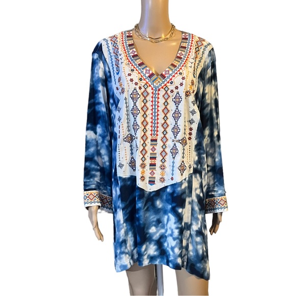NWT John Mark BLUE HAZE Colorful Embroidered TIE DYE GAUZY BOHO Tunic To… - Picture 5 of 14